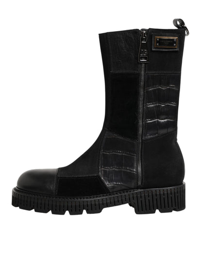 Dolce & Gabbana Black Patchwork Leather Mid Calf Boots