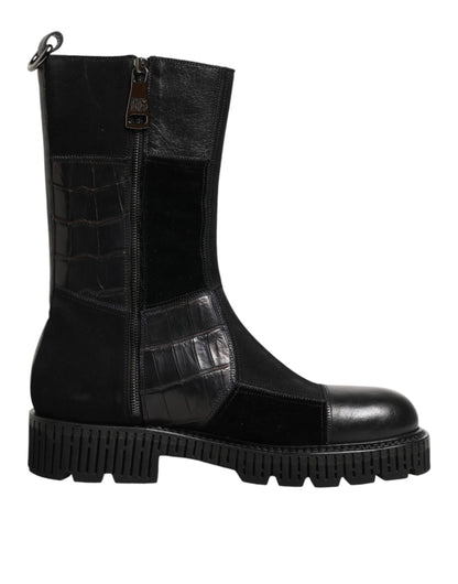 Dolce & Gabbana Black Patchwork Leather Mid Calf Boots