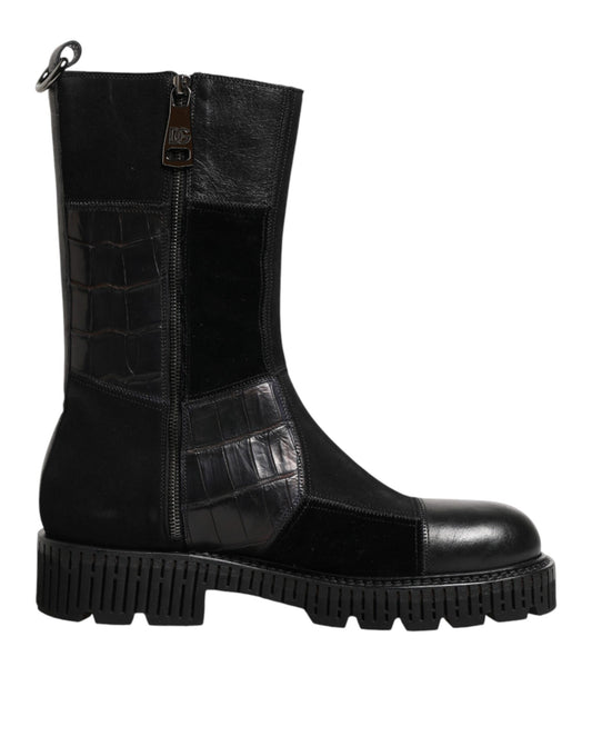 Dolce & Gabbana Black Patchwork Leather Mid Calf Boots