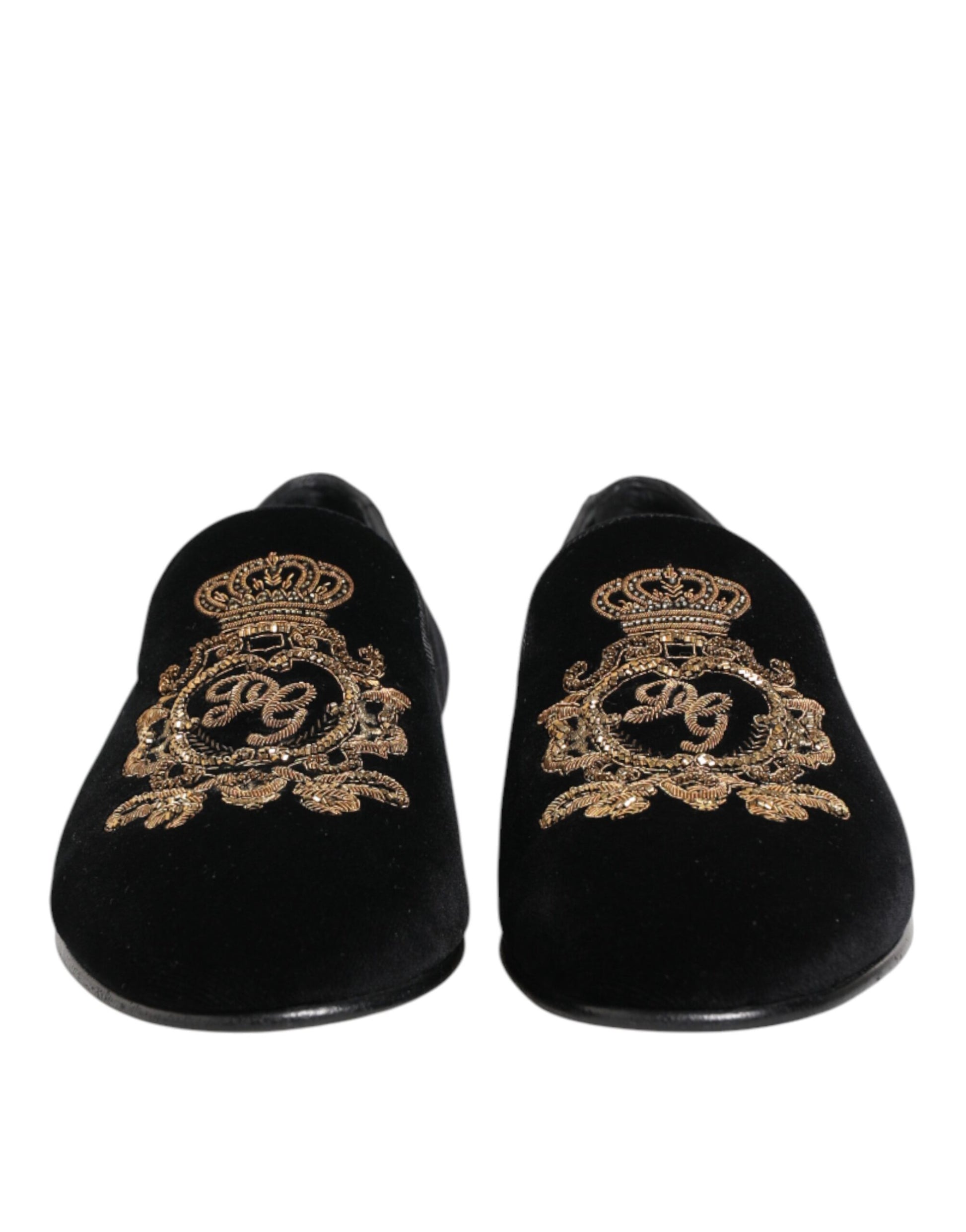 Dolce & Gabbana Black Velvet Gold Crown Men's Loafers Shoes