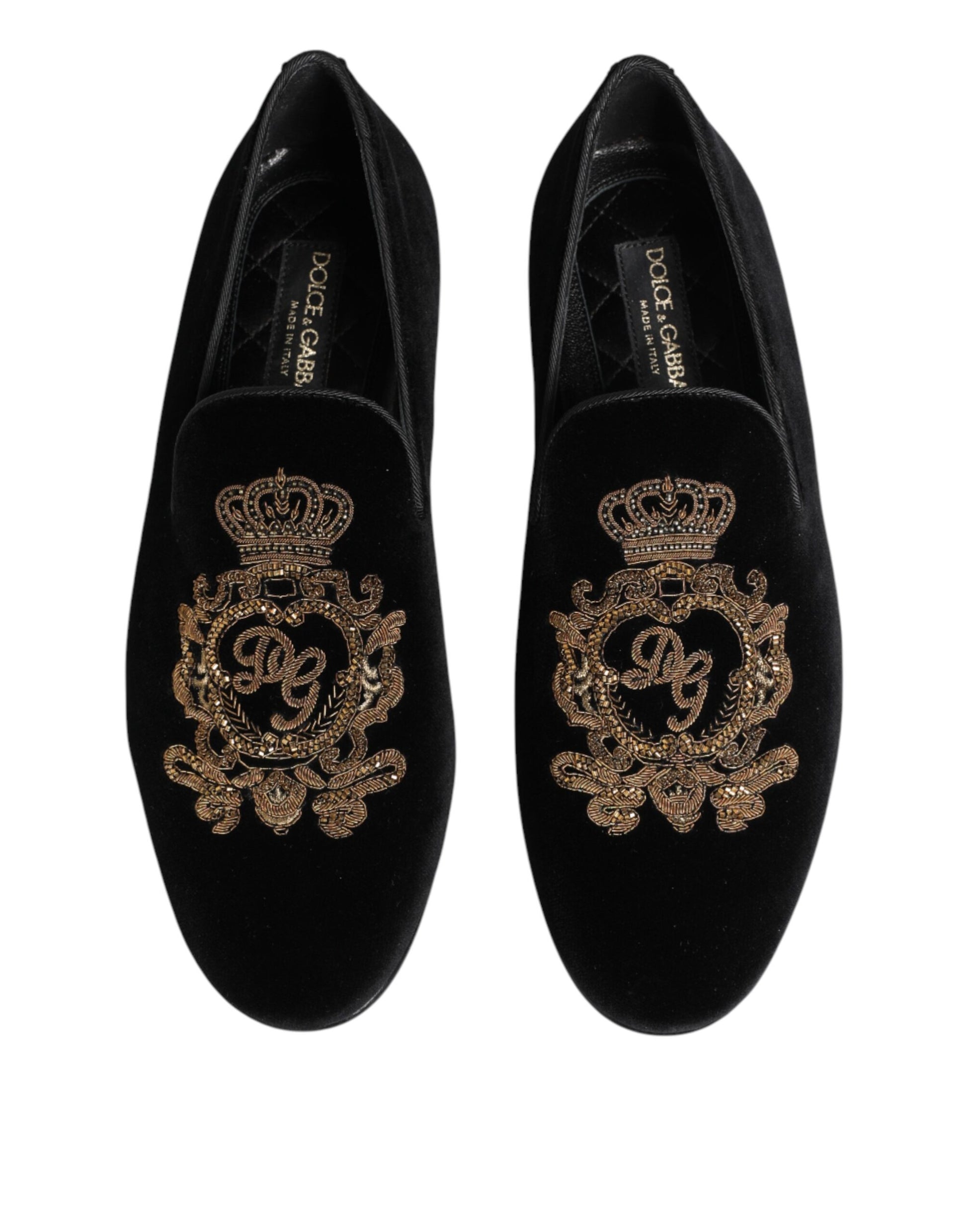 Dolce & Gabbana Black Velvet Gold Crown Men's Loafers Shoes