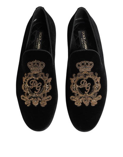 Dolce & Gabbana Black Velvet Gold Crown Men's Loafers Shoes