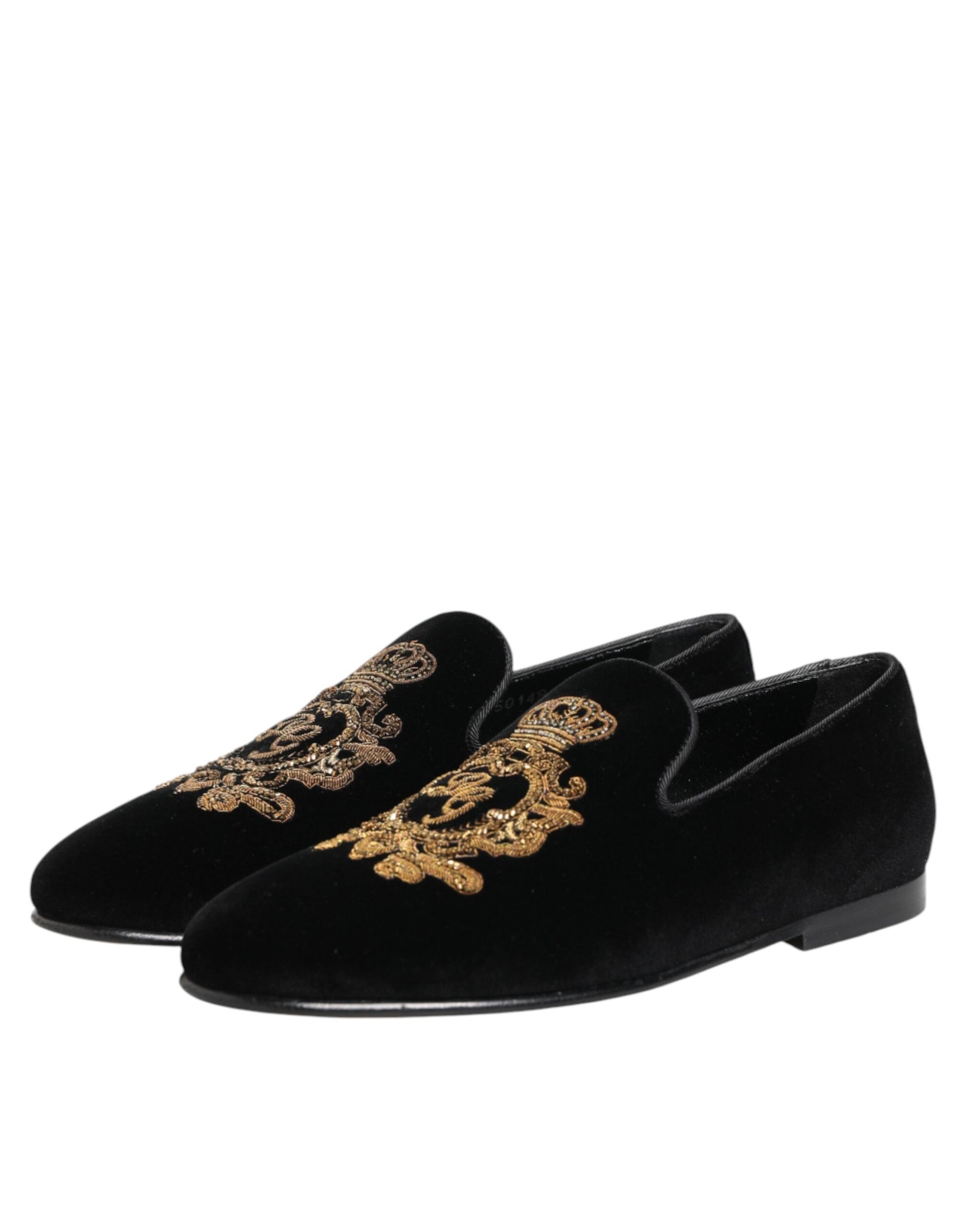 Dolce & Gabbana Black Velvet Gold Crown Men's Loafers Shoes