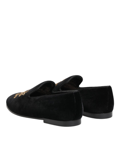 Dolce & Gabbana Black Velvet Gold Crown Men's Loafers Shoes