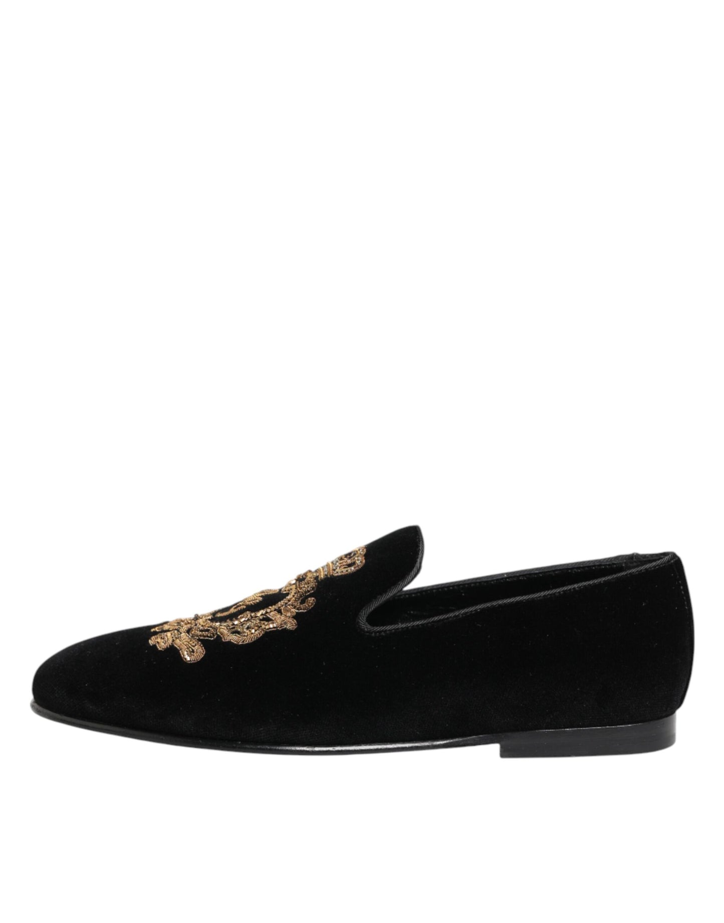 Dolce & Gabbana Black Velvet Gold Crown Men's Loafers Shoes