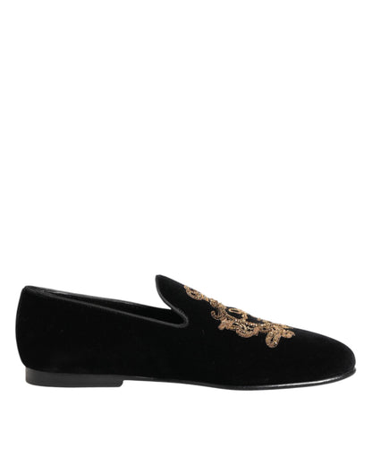 Dolce & Gabbana Black Velvet Gold Crown Men's Loafers Shoes