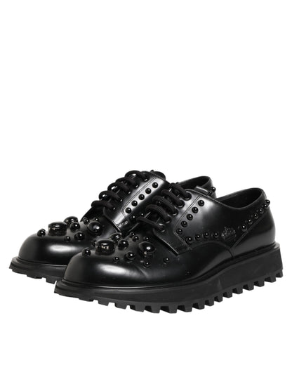 Dolce & Gabbana Black Leather Studded Men Formal Derby Shoes