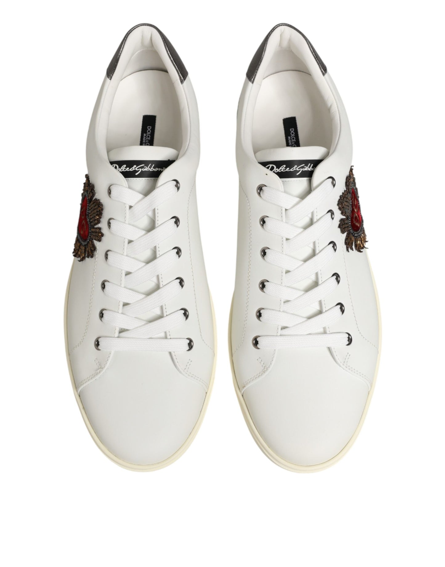 Dolce & Gabbana White Leather Heart Embellished Sneakers