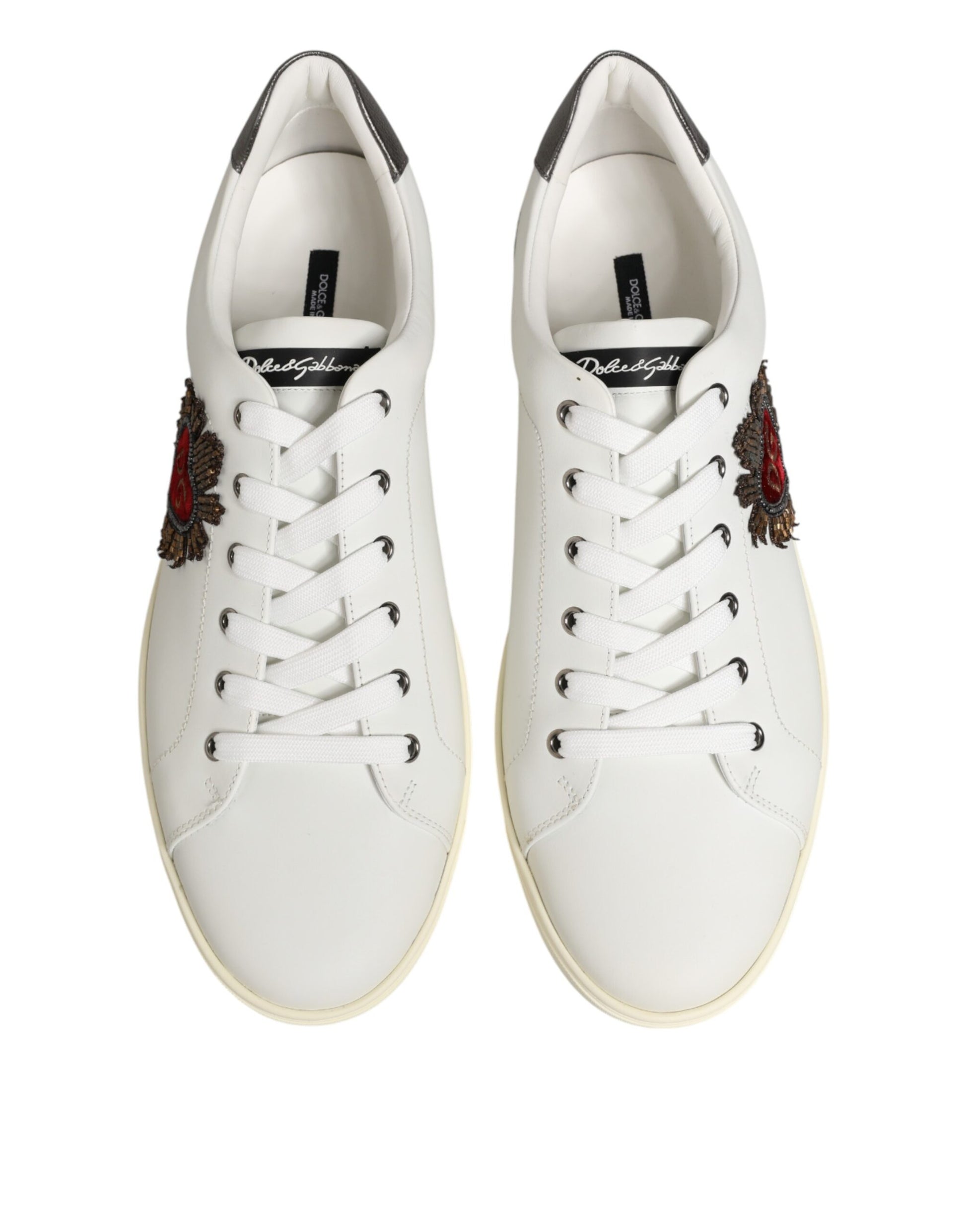 Dolce & Gabbana White Leather Heart Embellished Sneakers