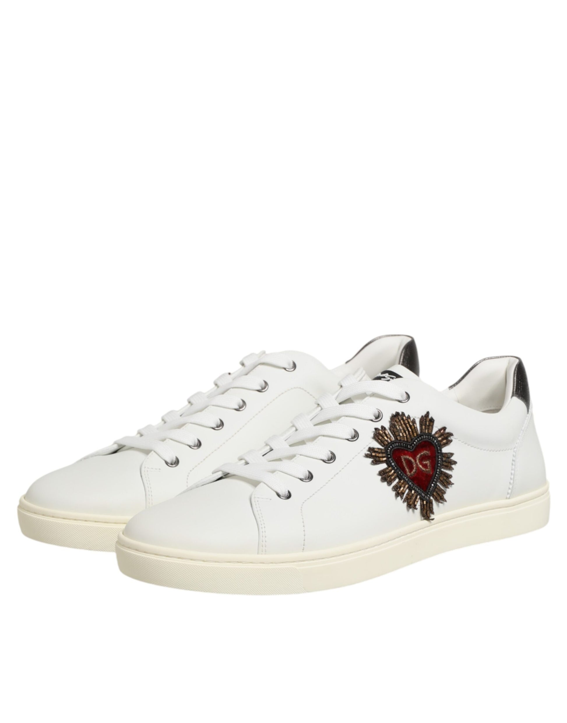Dolce & Gabbana White Leather Heart Embellished Sneakers