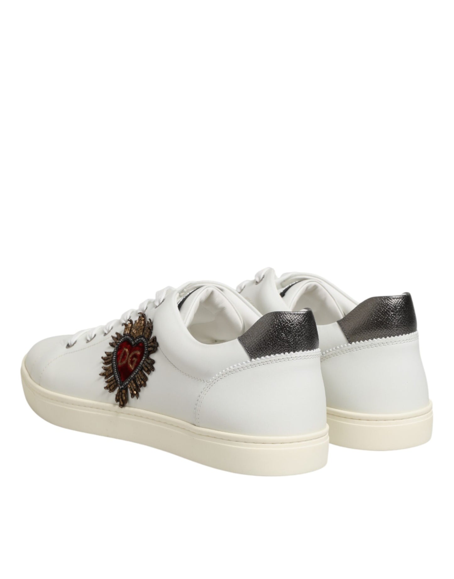 Dolce & Gabbana White Leather Heart Embellished Sneakers