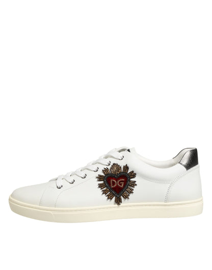 Dolce & Gabbana White Leather Heart Embellished Sneakers