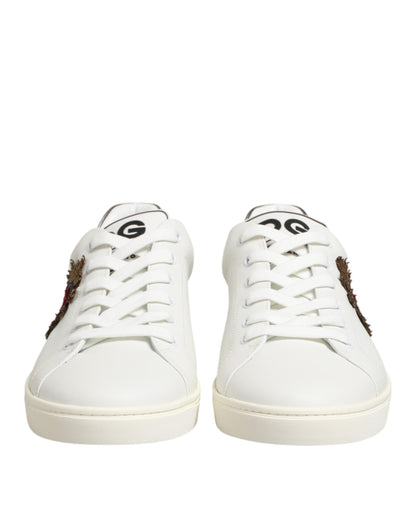 Dolce & Gabbana White Leather Heart Embellished Sneakers