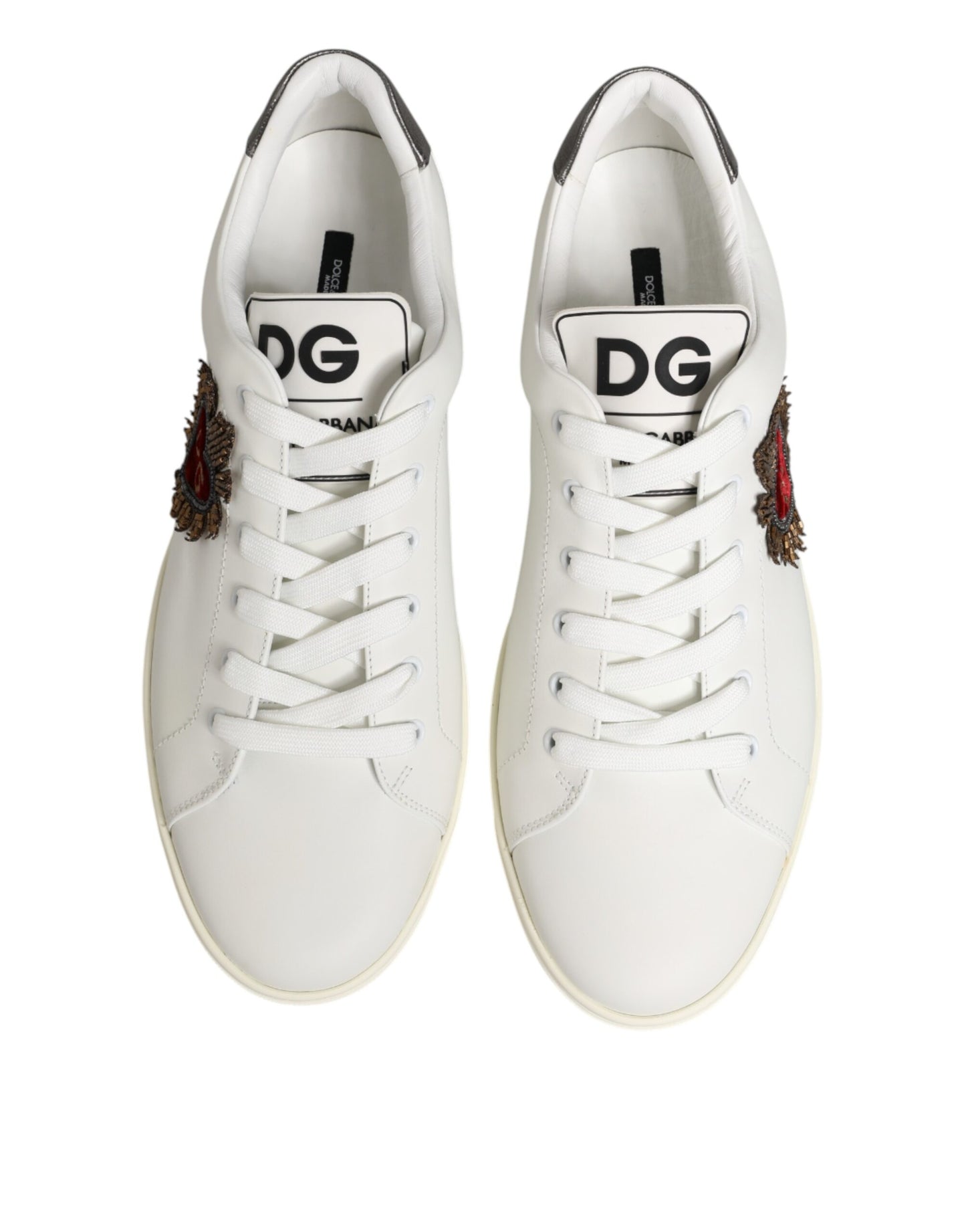 Dolce & Gabbana White Leather Heart Embellished Sneakers