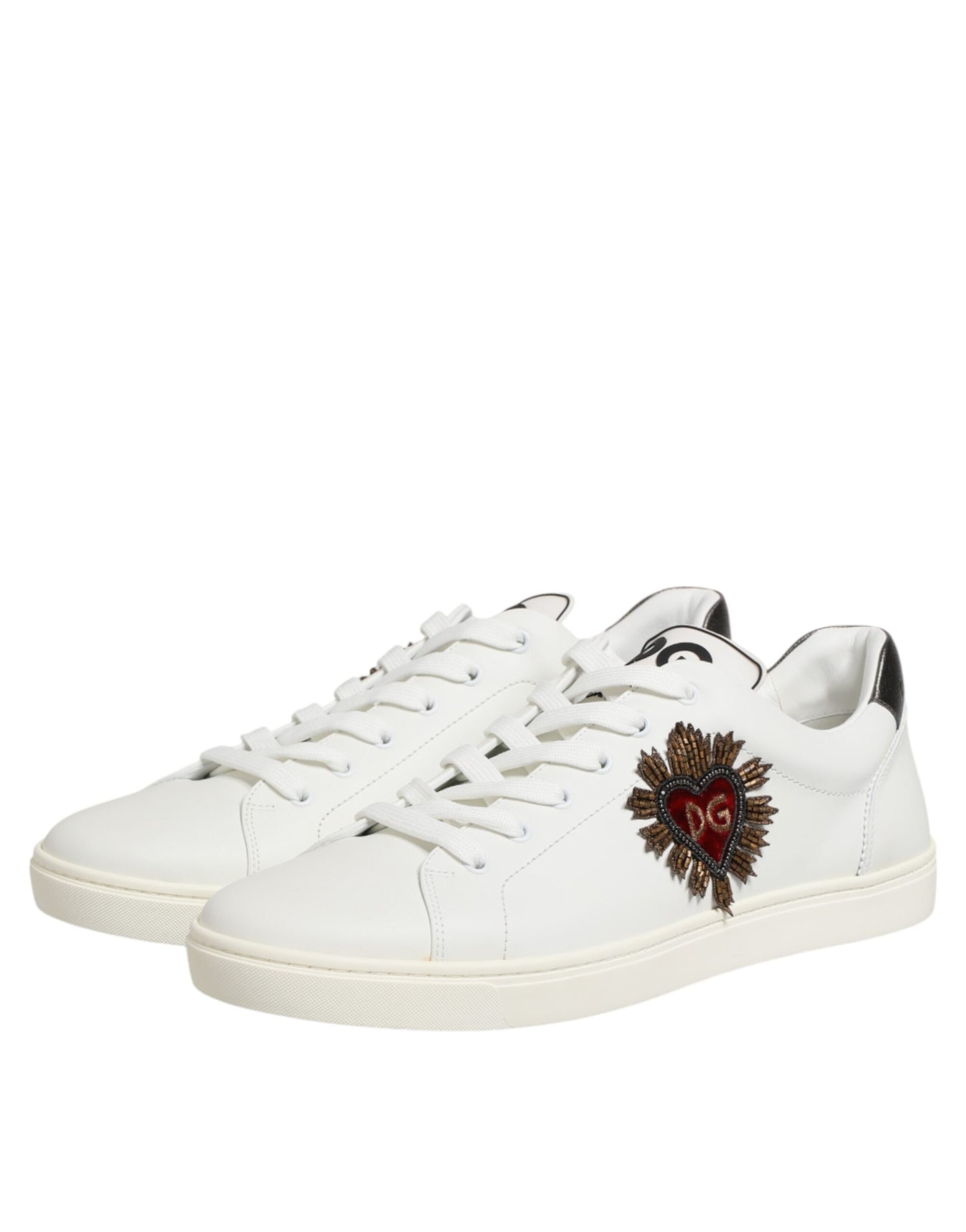 Dolce & Gabbana White Leather Heart Embellished Sneakers
