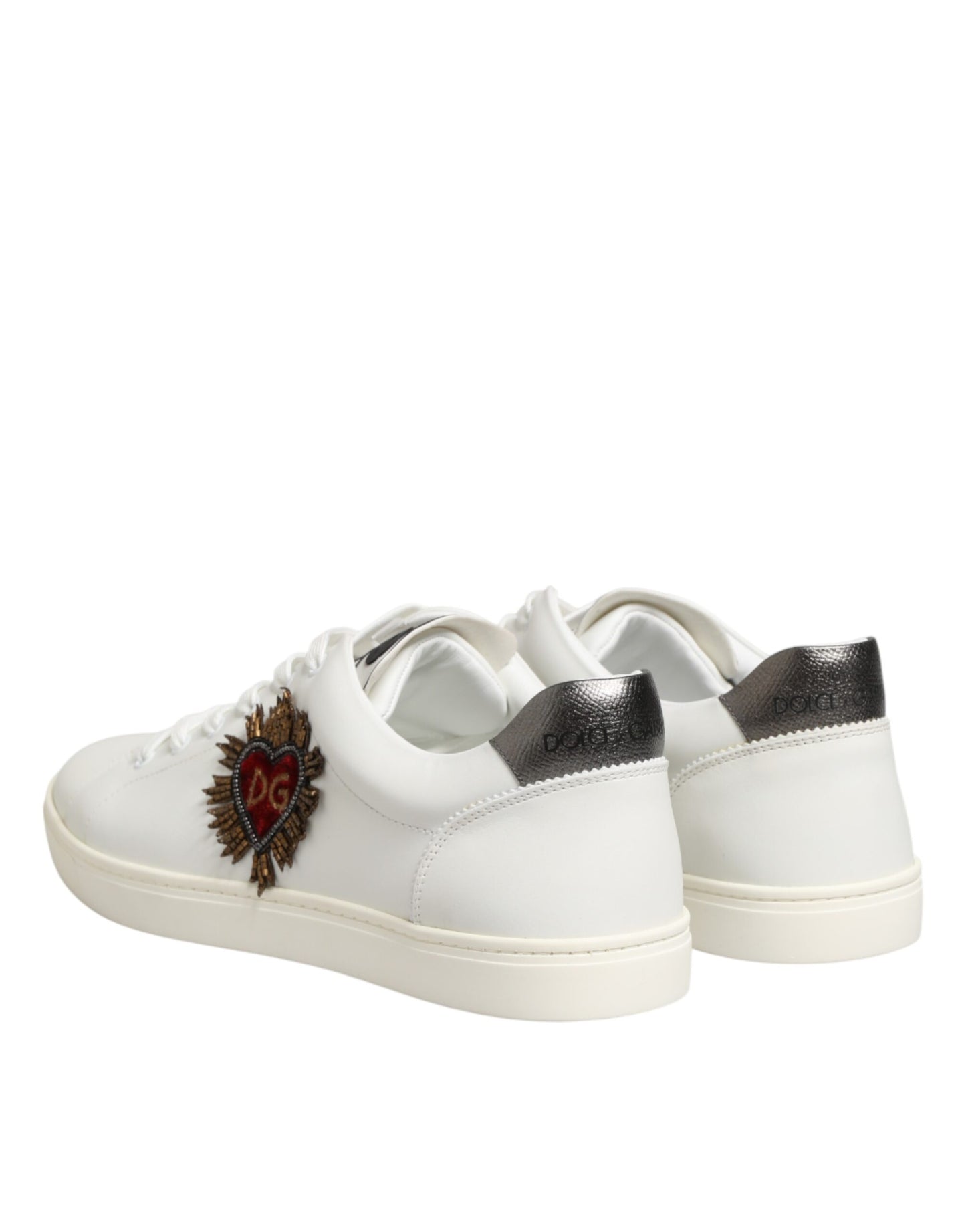 Dolce & Gabbana White Leather Heart Embellished Sneakers