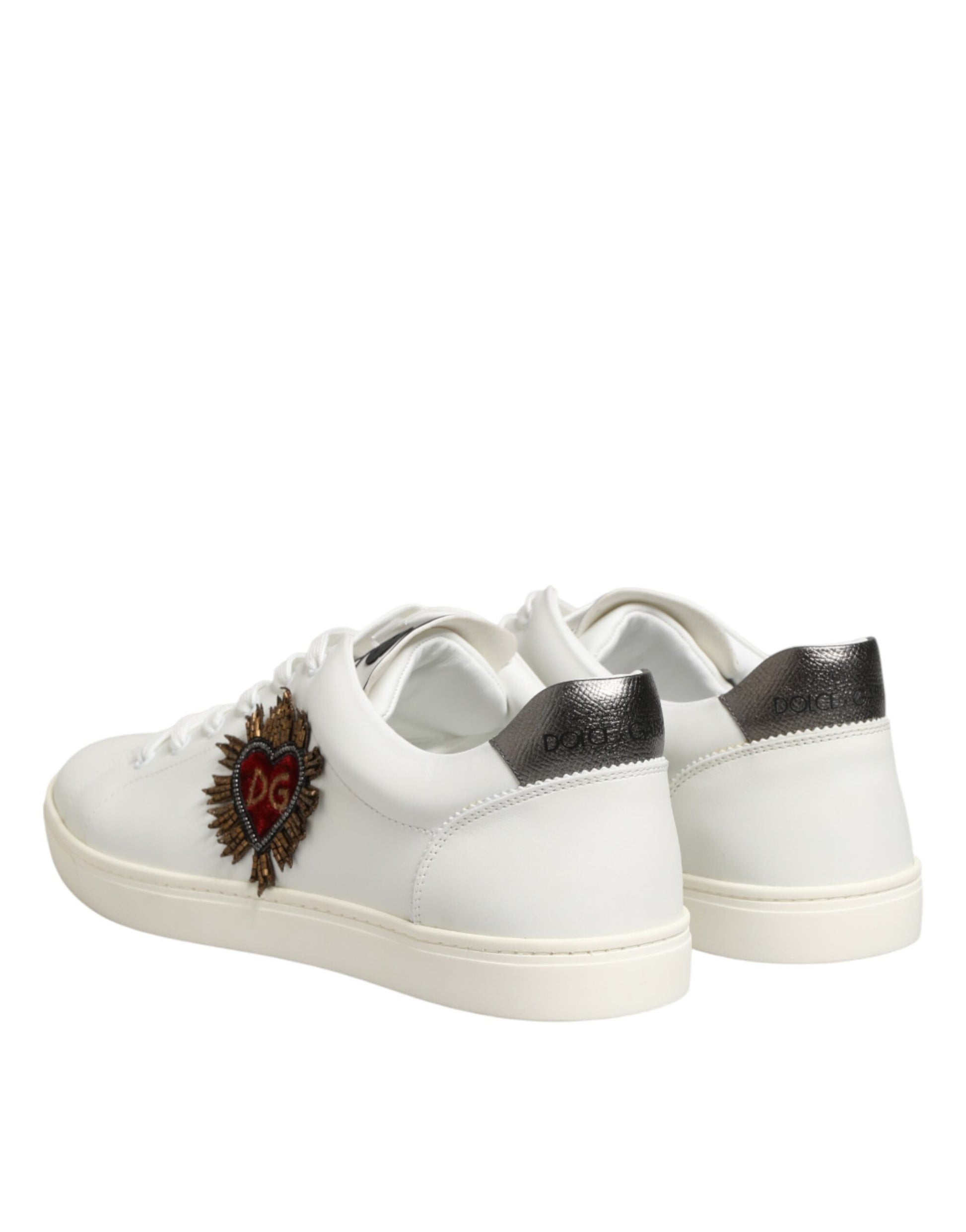 Dolce & Gabbana White Leather Heart Embellished Sneakers