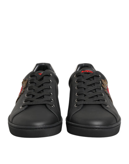 Dolce & Gabbana Black Leather Heart Embellished Sneakers