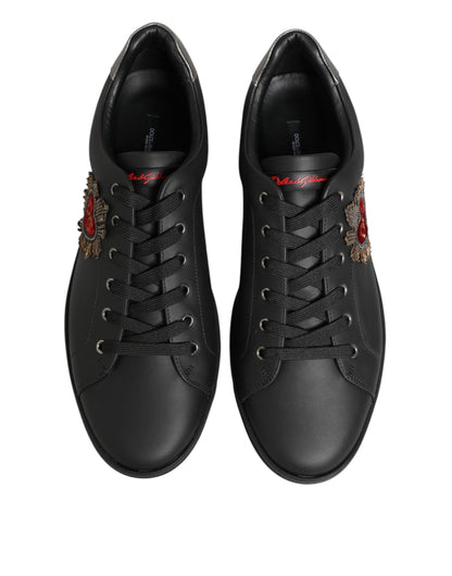 Dolce & Gabbana Black Leather Heart Embellished Sneakers