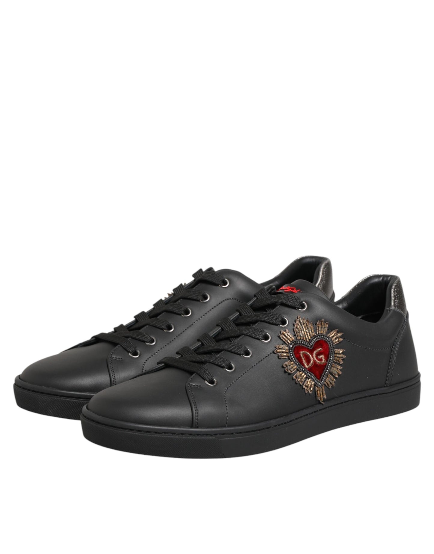 Dolce & Gabbana Black Leather Heart Embellished Sneakers