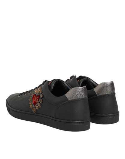 Dolce & Gabbana Black Leather Heart Embellished Sneakers