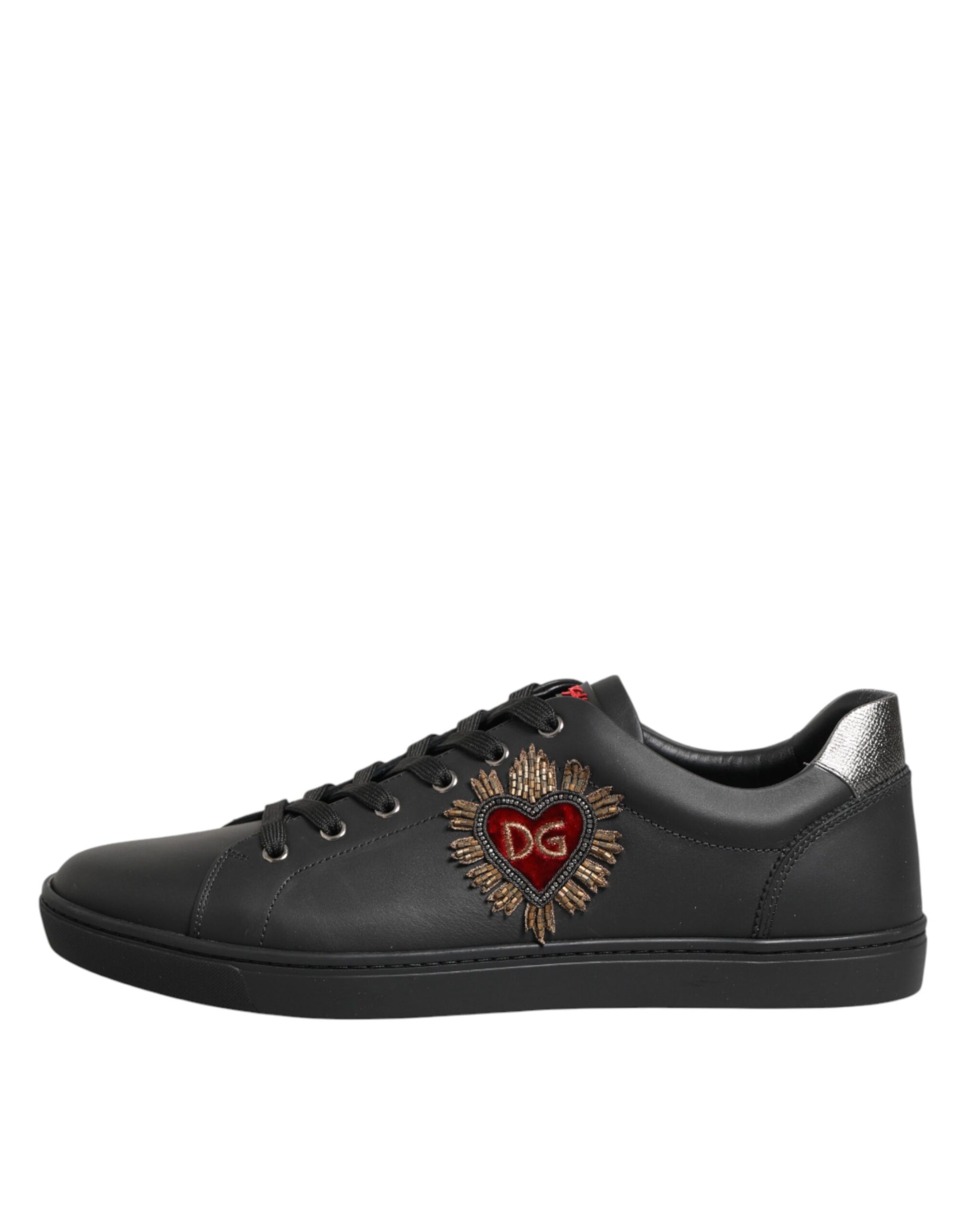 Dolce & Gabbana Black Leather Heart Embellished Sneakers