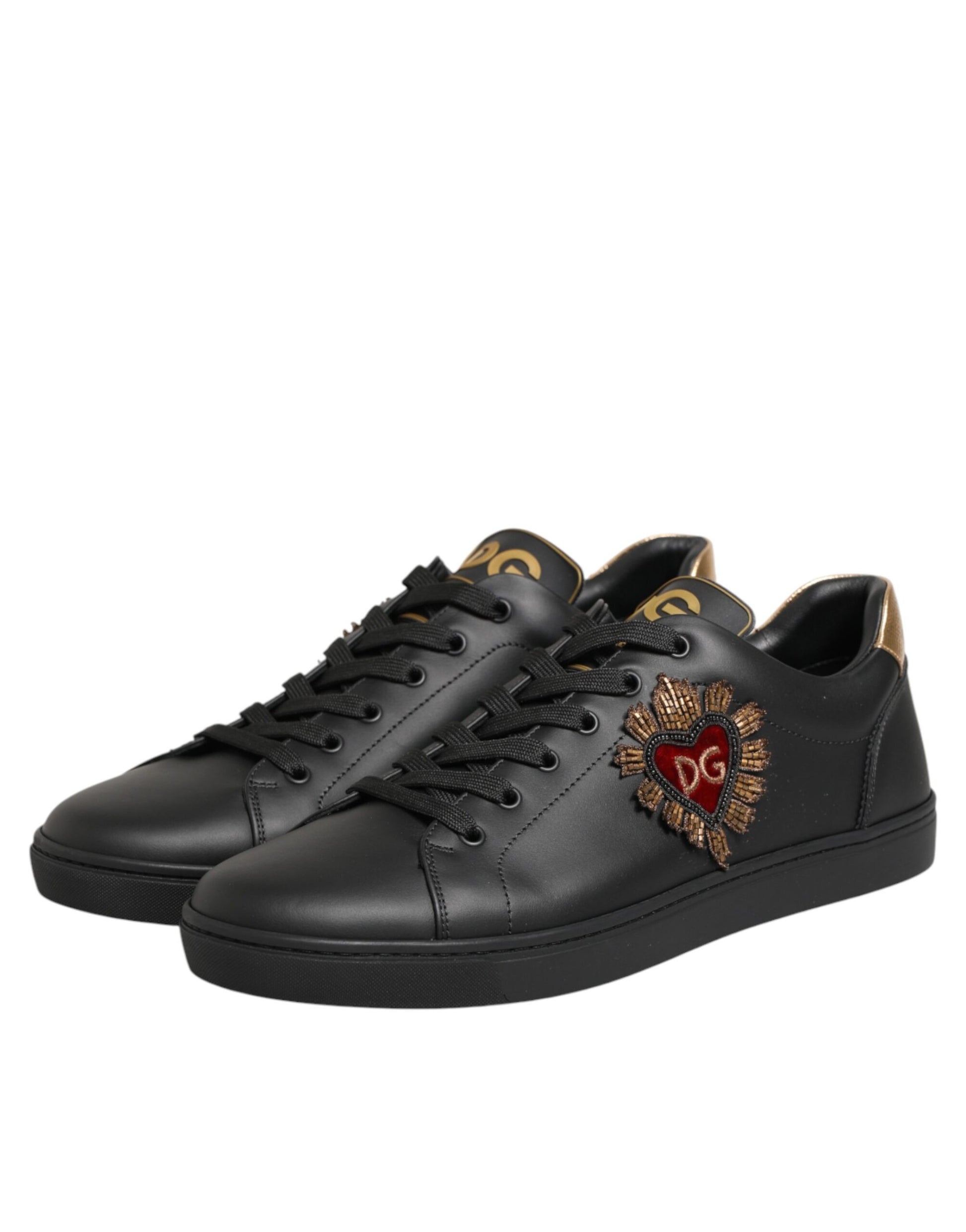 Dolce & Gabbana Black Leather Heart Embellished Sneakers