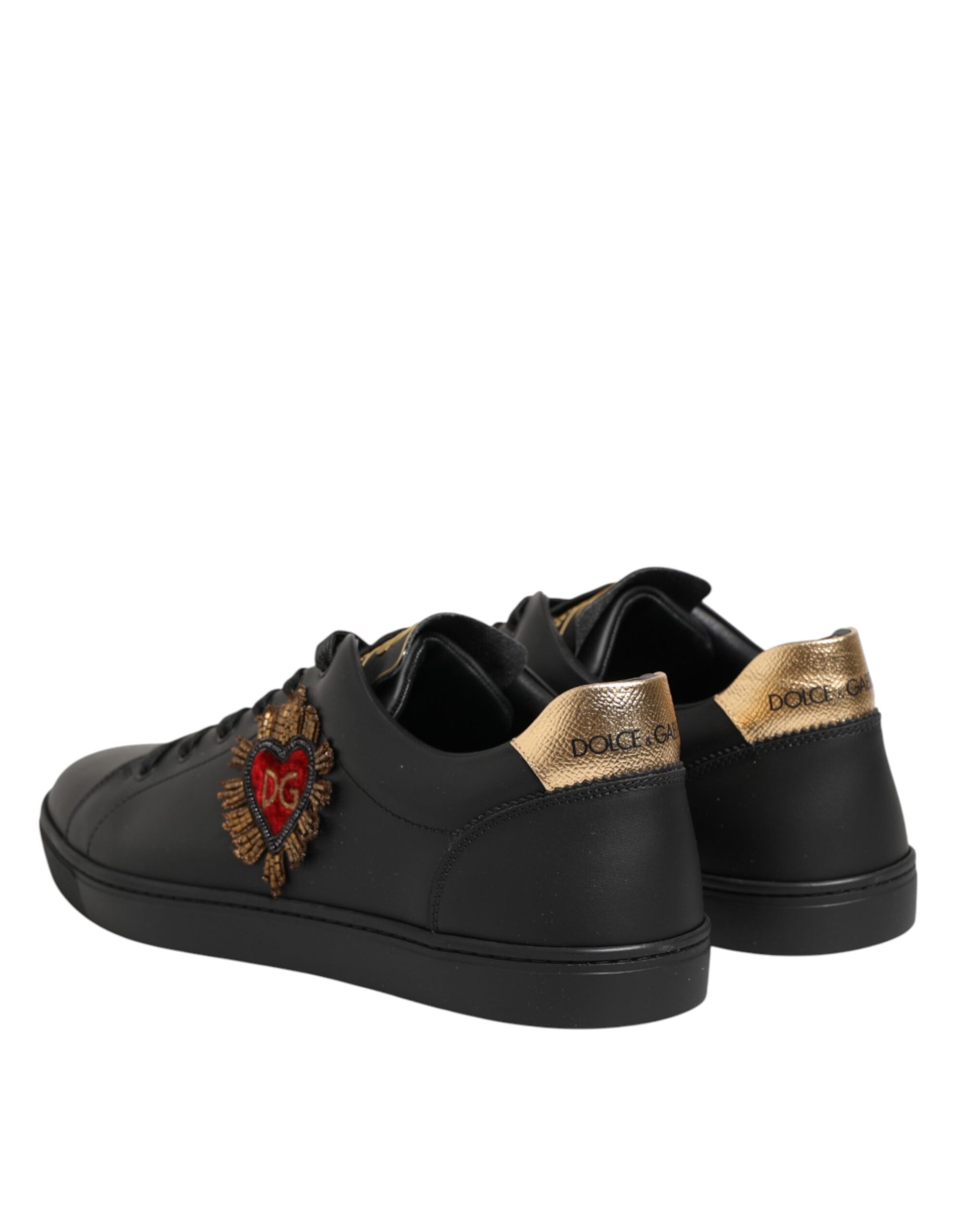 Dolce & Gabbana Black Leather Heart Embellished Sneakers