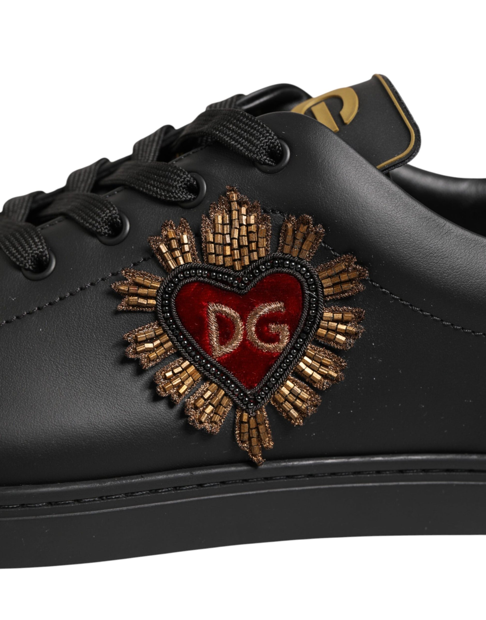 Dolce & Gabbana Black Leather Heart Embellished Sneakers