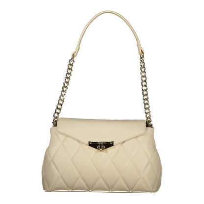 Mario Valentino Beige Leather-Finish Chain Shoulder Bag with Twist Lock Closure