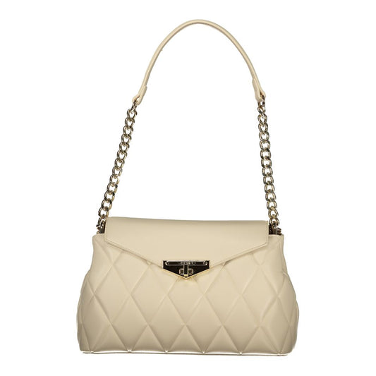 Mario Valentino Beige Leather-Finish Chain Shoulder Bag with Twist Lock Closure