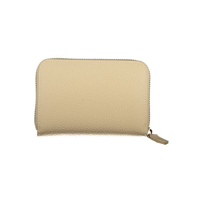 Mario Valentino Beige Leather-Finish Wallet with Zip Closure