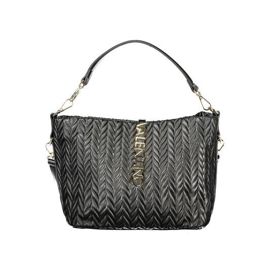 Mario Valentino Black Grained Leather Shoulder Bag with Gold Hardware