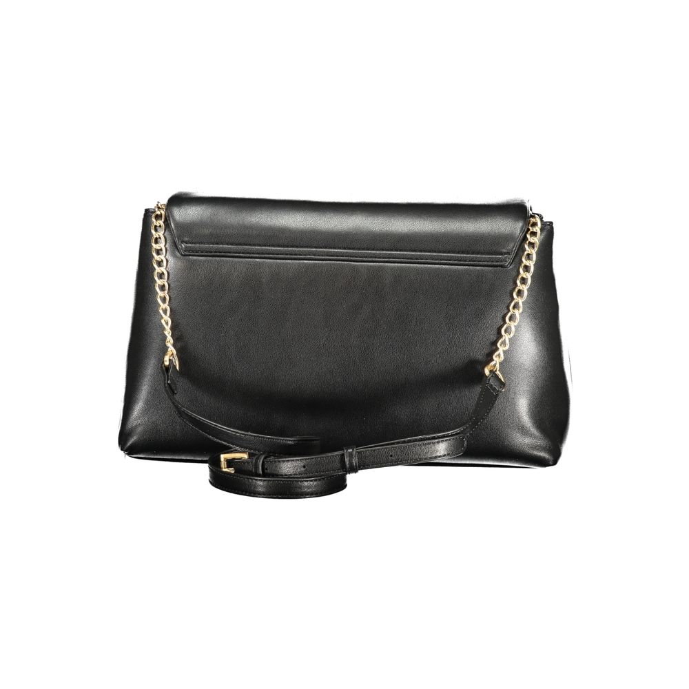 Mario Valentino Black Grained Leather Handbag with Gold Accents