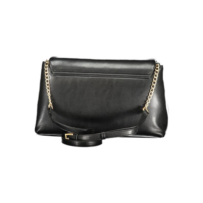 Mario Valentino Black Grained Leather Handbag with Gold Accents