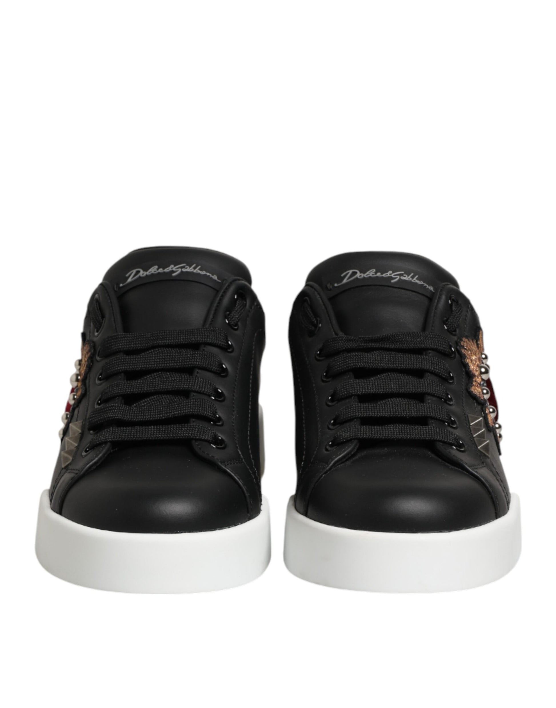 Dolce & Gabbana Black Leather Heart Embellished Sneakers