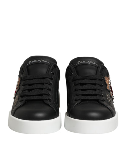 Dolce & Gabbana Black Leather Heart Embellished Sneakers