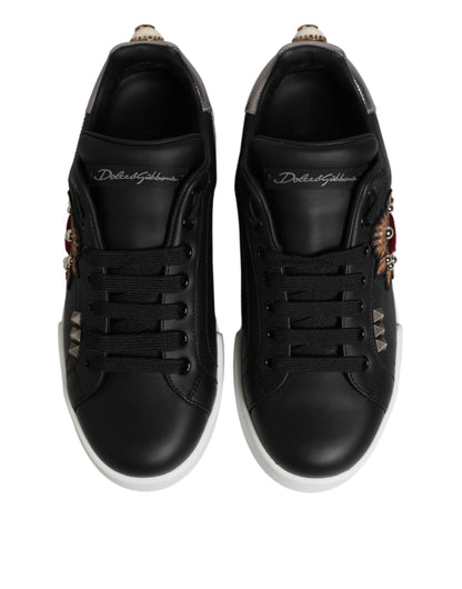 Dolce & Gabbana Black Leather Heart Embellished Sneakers