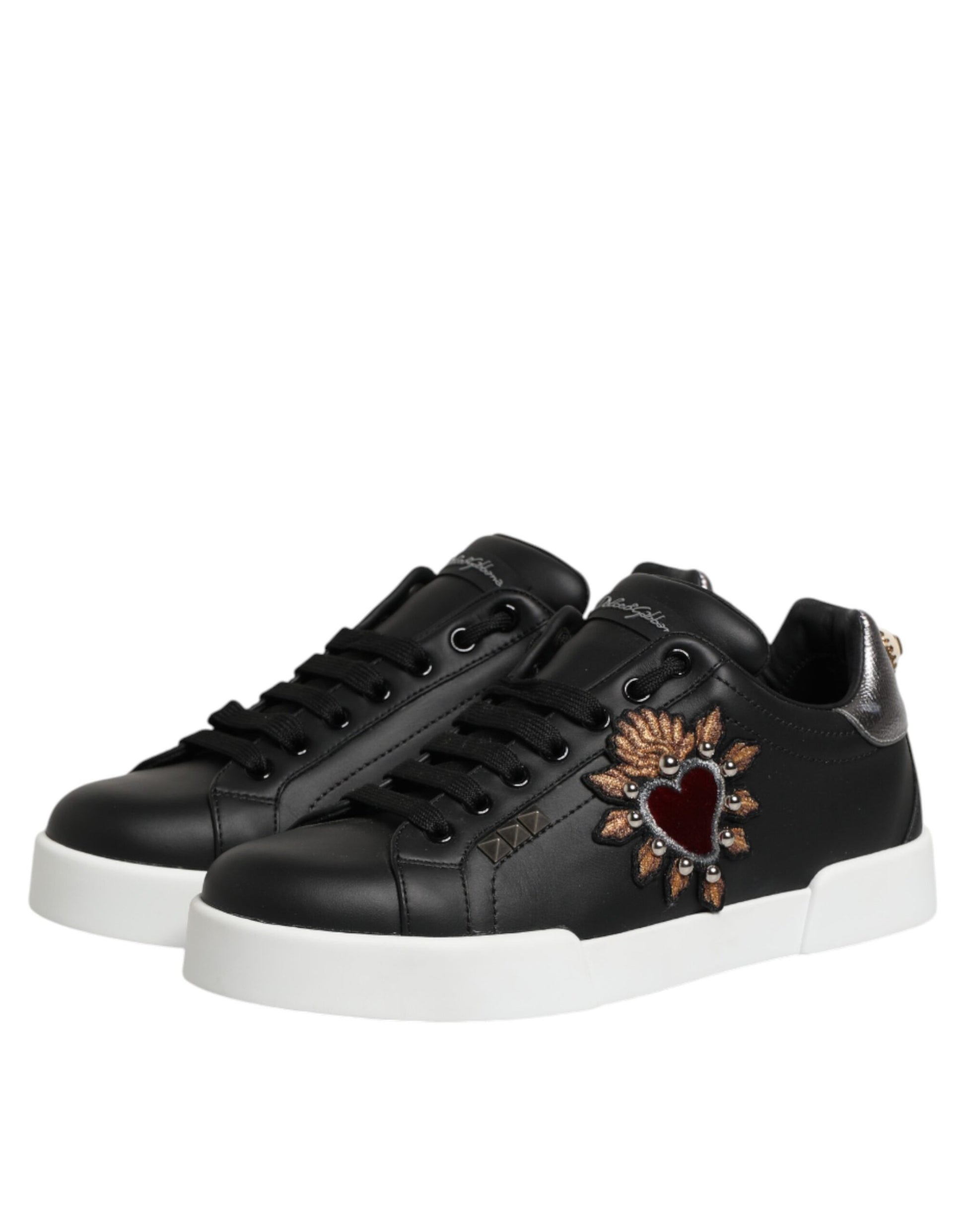Dolce & Gabbana Black Leather Heart Embellished Sneakers