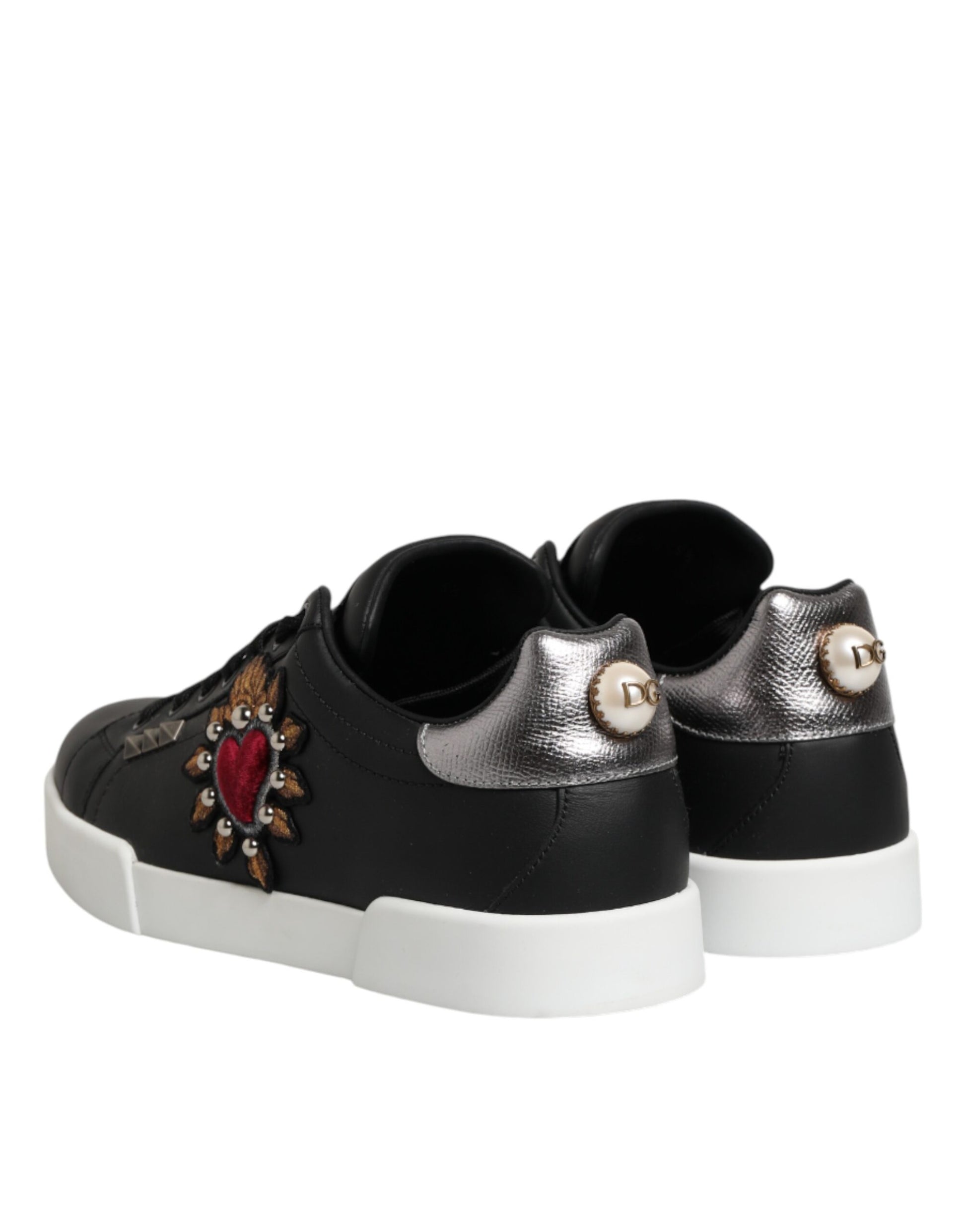 Dolce & Gabbana Black Leather Heart Embellished Sneakers