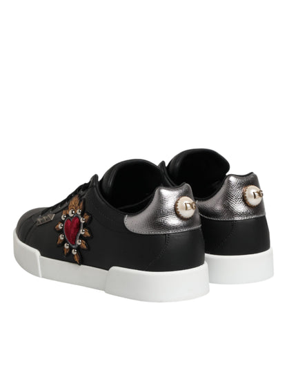 Dolce & Gabbana Black Leather Heart Embellished Sneakers