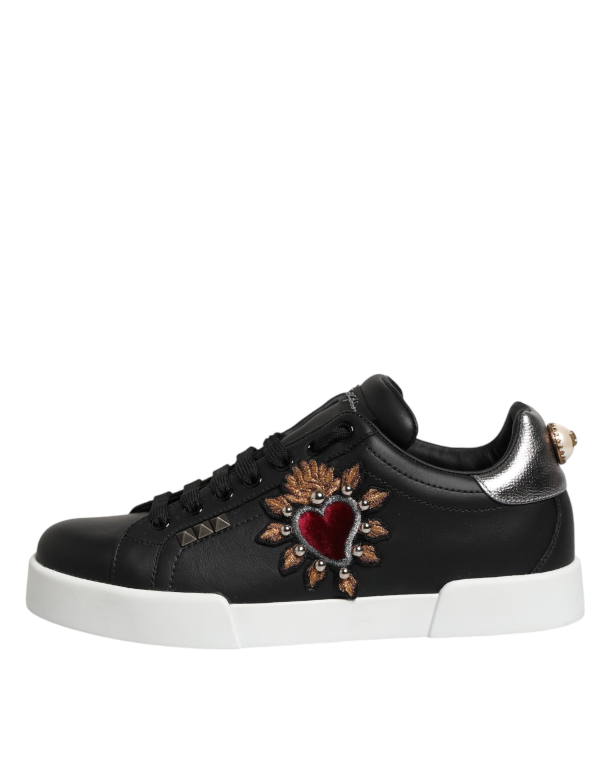 Dolce & Gabbana Black Leather Heart Embellished Sneakers