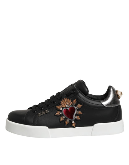 Dolce & Gabbana Black Leather Heart Embellished Sneakers