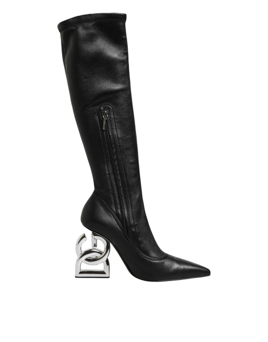 Dolce & Gabbana Black Leather DG Logo Knee High Boots Shoes