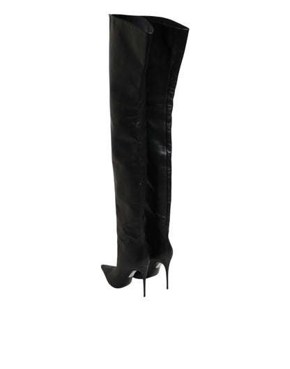 Dolce & Gabbana Black Leather Stiletto Knee High Boots Shoes