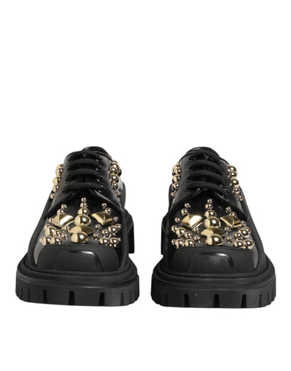 Dolce & Gabbana Black Leather Jeweled Crystals Derby Shoes