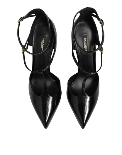 Dolce & Gabbana Black Leather T-Straps Heels Sandals