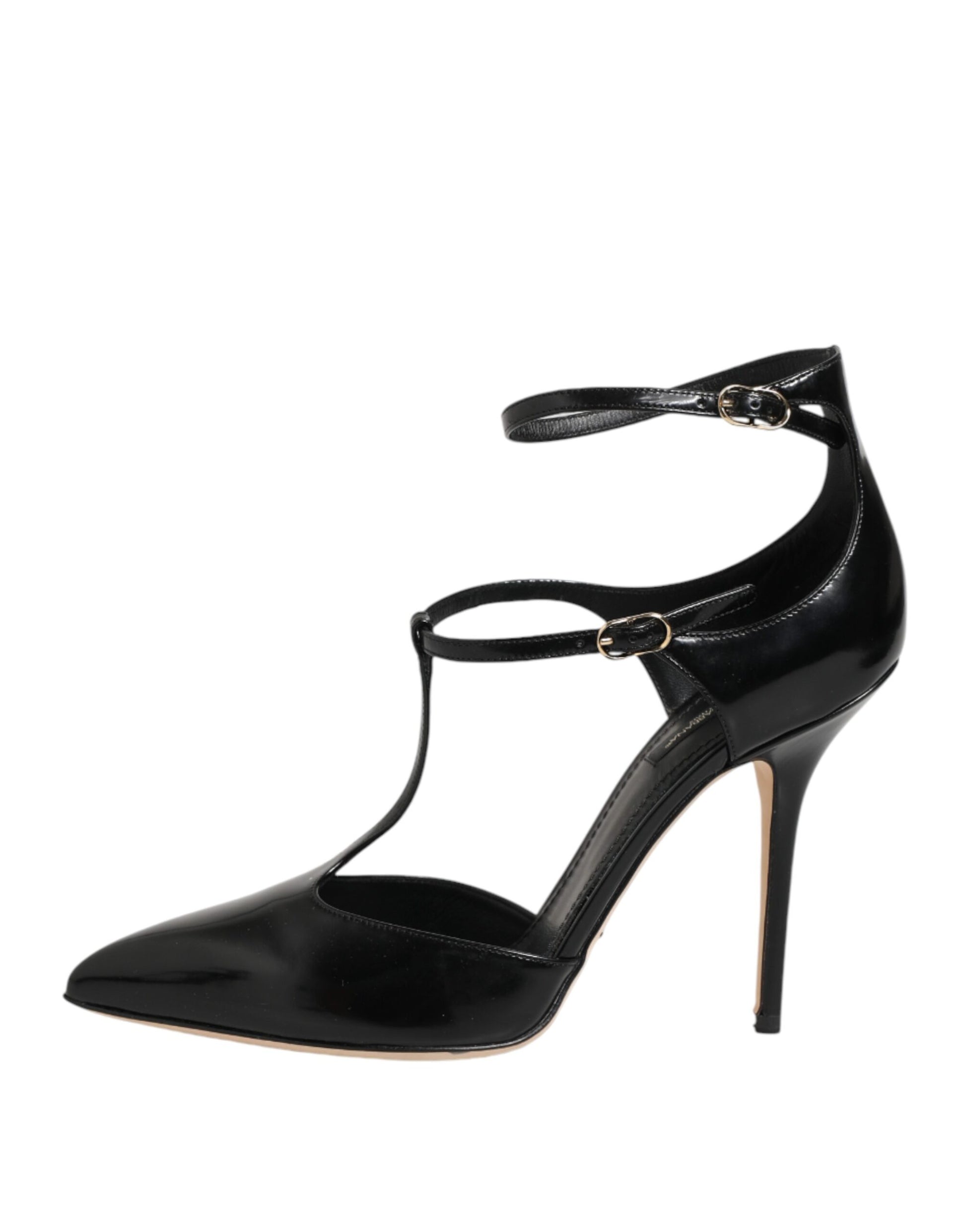 Dolce & Gabbana Black Leather T-Straps Heels Sandals