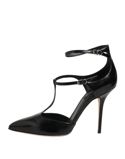 Dolce & Gabbana Black Leather T-Straps Heels Sandals