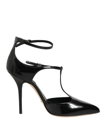 Dolce & Gabbana Black Leather T-Straps Heels Sandals